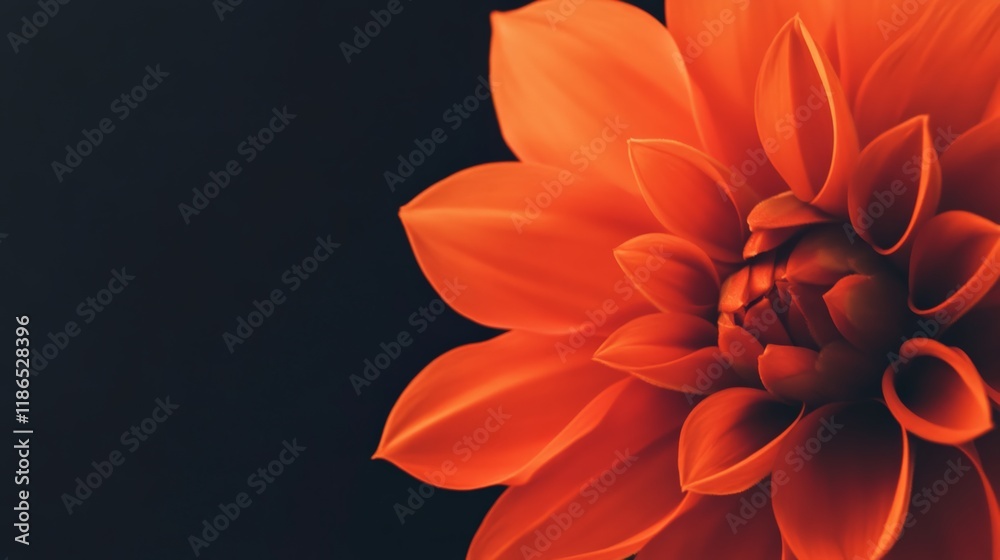 Fototapeta premium Close up of an orange dahlia flower blooming against a dark background, showcasing the delicate petals and intricate details of the blossom, creating a captivating image of natural beauty