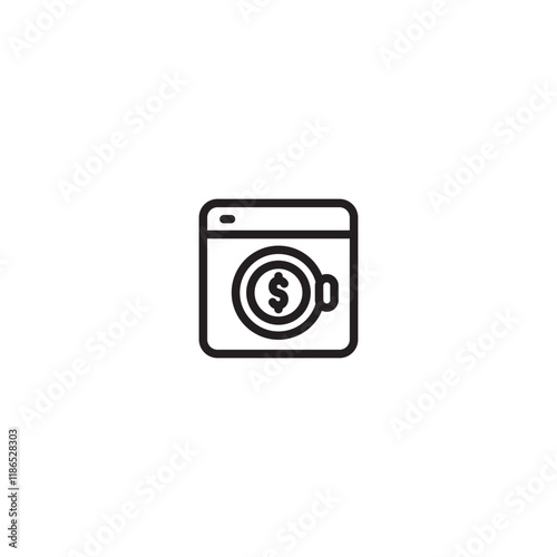 A washing machine icon with a dollar sign inside. Represents money laundering, cleaning dirty money, or financial fraud. Simple line art design.