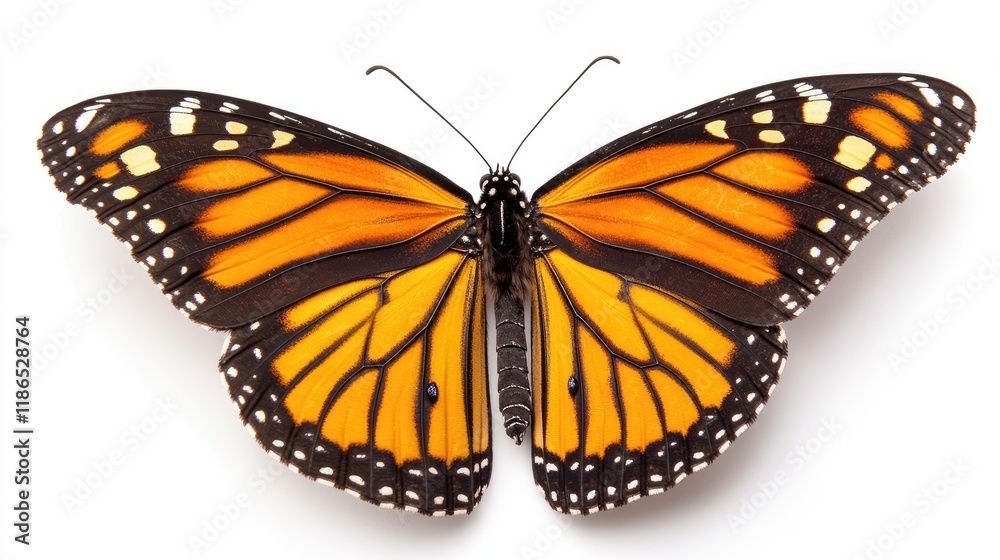 Fototapeta premium Monarch butterfly perched gracefully against a clean white backdrop showcasing its vibrant orange and black wings in stunning detail