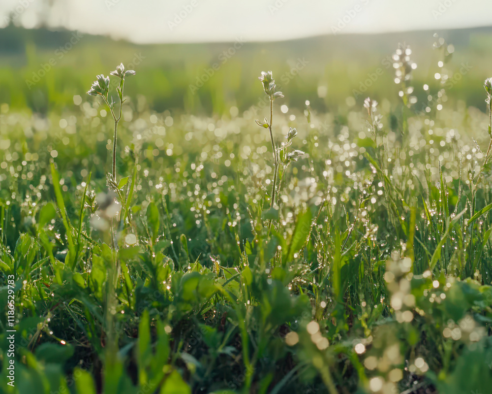 A field of grass with dew drops on the grass A field of grass with dew drops on the grass