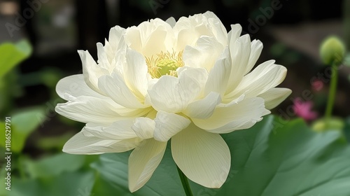 Single pure white lotus flower blooming gracefully atop lush green leaves in a tranquil natural setting