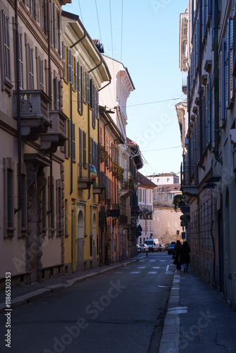 Old buildings along via Lanzone, historic street of Milan, Italy