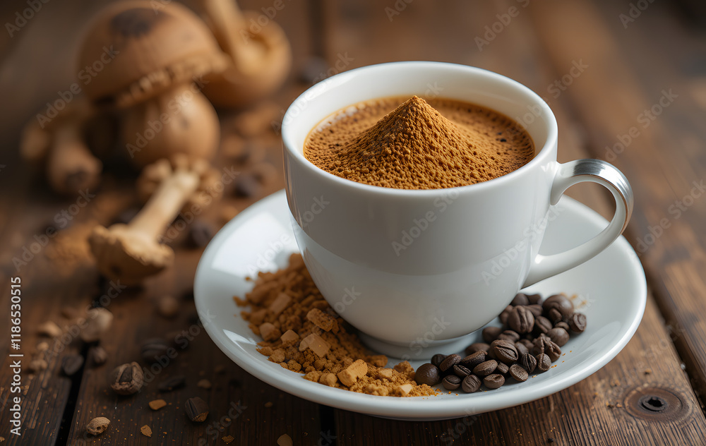 Coffee made from the powder of dried chaga and maitake mushrooms stands on a beautiful wooden table Coffee made from the powder of dried chaga and maitake mushrooms stands on a beautiful wooden table
