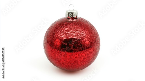 Shiny Red Glitter Christmas Bauble Isolated on Clean White Background for Holiday Decor and Celebration Themes photo