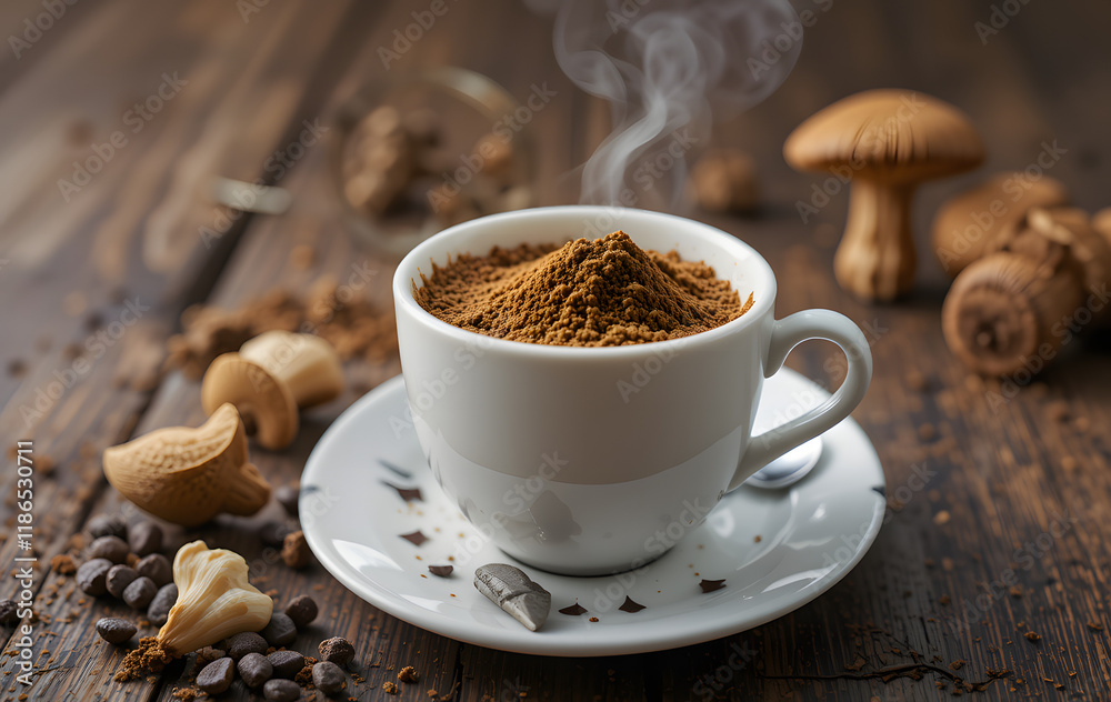 Coffee made from the powder of dried chaga and maitake mushrooms stands on a beautiful wooden table Coffee made from the powder of dried chaga and maitake mushrooms stands on a beautiful wooden table