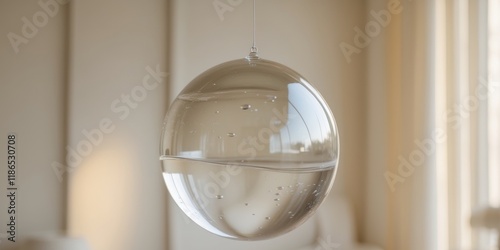 Suspended water orb reflecting room s surroundings like a captivating crystal sphere photo