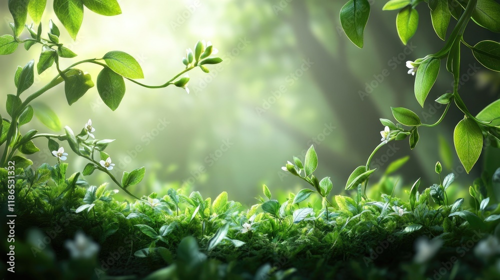 Lush green leaves and delicate flower buds emerging from a vibrant forest floor bathed in soft sunlight and rich foliage