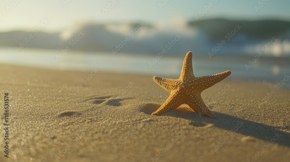 starfish on sandy beach with gentle waves in background highlighting nature's beauty and tranquility at the shoreline during sunset starfish on sandy beach with gentle waves in background highlighting nature's beauty and tranquility at the shoreline during sunset