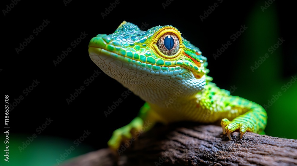 Fototapeta premium Close-up of a vibrant green gecko with striking blue eyes, perched on a dark brown branch against a blurred background.