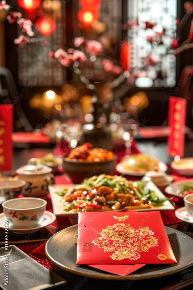 Chinese New Year red envelope, serene family dinner setting, traditional dishes on the table, warm lighting, harmonious atmosphere Chinese New Year red envelope, serene family dinner setting, traditional dishes on the table, warm lighting, harmonious atmosphere