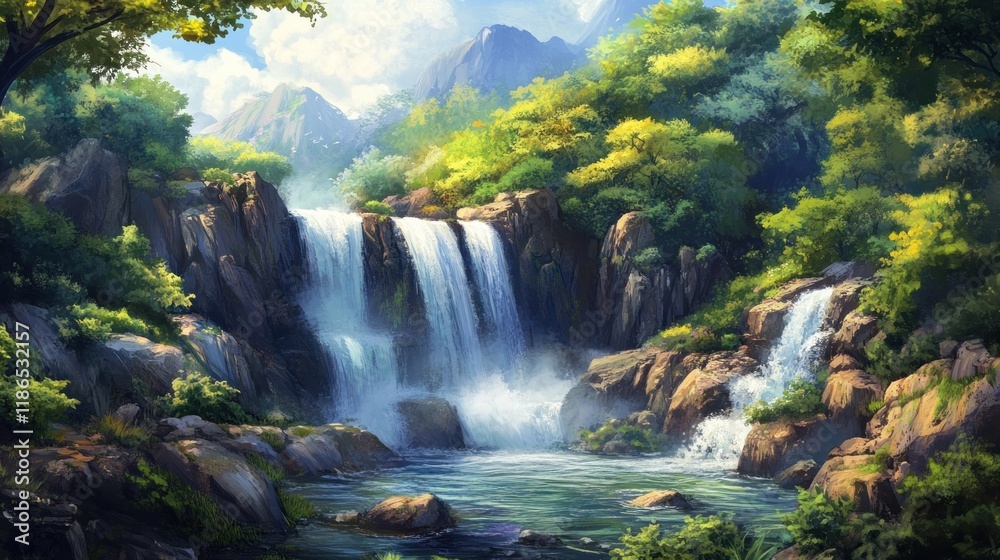 Obraz premium Serene Waterfall in Lush Green Mountain Valley