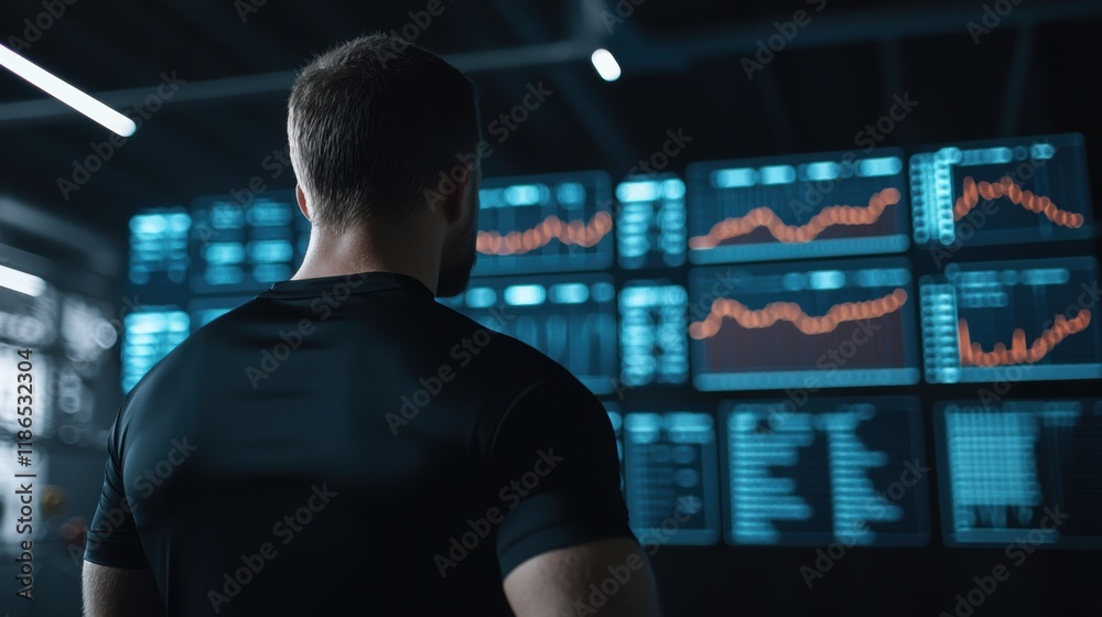 Business Professional Analyzing Data on Digital Screens in Office Business Professional Analyzing Data on Digital Screens in Office