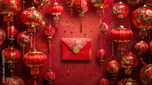 Chinese New Year red envelope, vibrant festival with red and gold lanterns, traditional Chinese architecture, celebratory atmosphere, detailed design elements photo