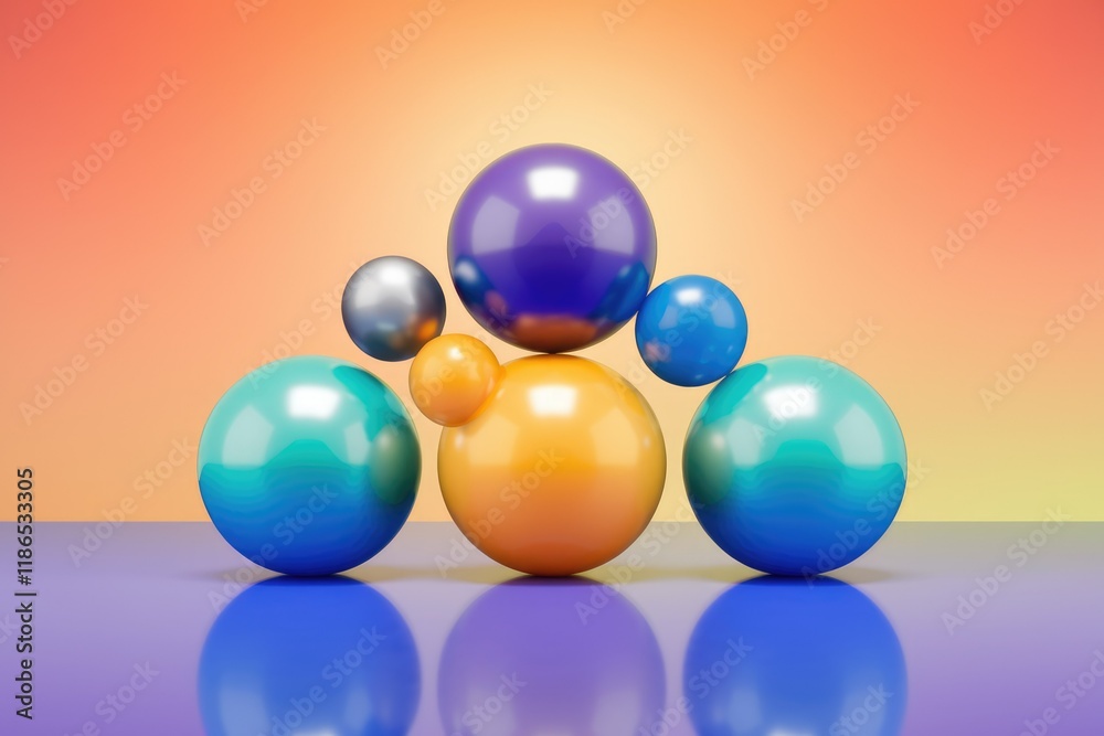 Colorful glossy spheres balanced in a visually appealing arrangement against a gradient background. Colorful glossy spheres balanced in a visually appealing arrangement against a gradient background.