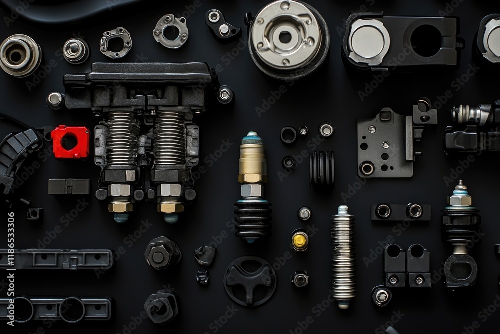 Obraz premium Close-up shot of diverse mechanical components on a black surface