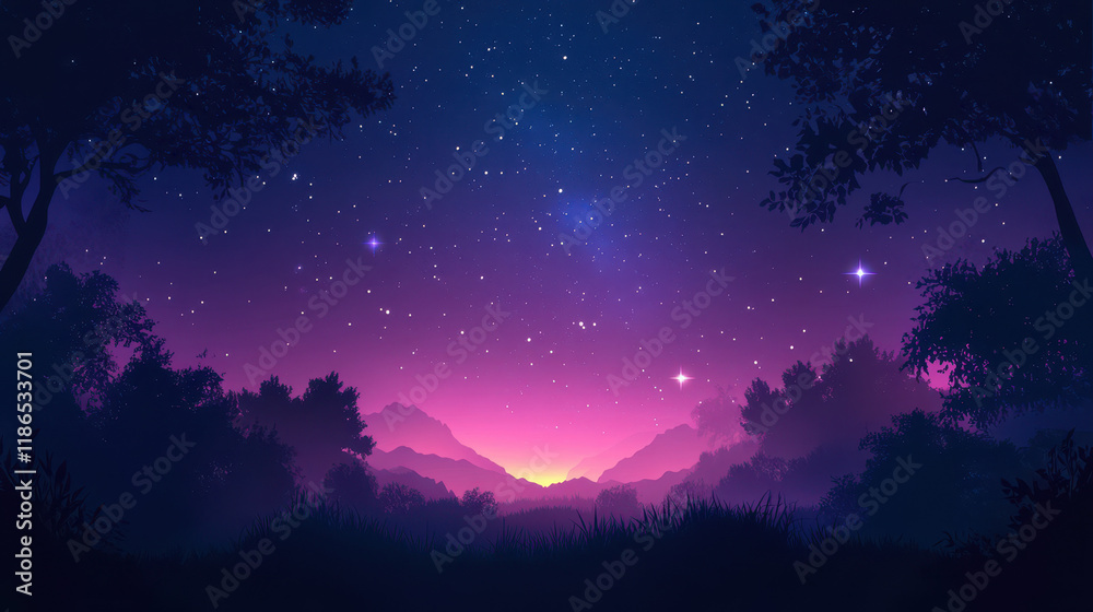 Fototapeta premium Night Sky Serenity: A breathtaking view of a star-studded sky over a lush forest, bathed in hues of pink and purple, creating a mesmerizing nocturnal scene. 