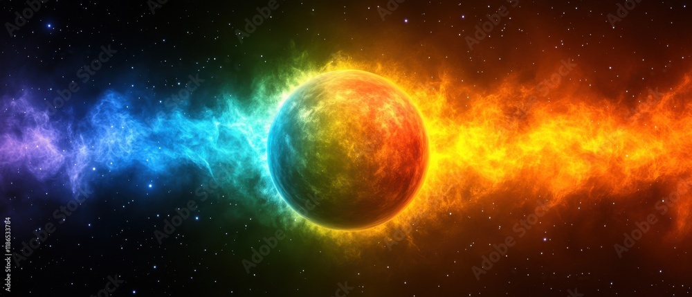 Obraz premium Fiery planet engulfed in vibrant nebula, cosmic scene, fiery energy, vibrant colors, space fantasy art, celestial body.