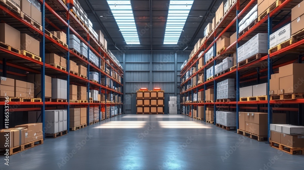 Spacious Retail Warehouse Environment Filled With Neatly Organized Cardboard Boxes on Pallets Under Bright Skylights Spacious Retail Warehouse Environment Filled With Neatly Organized Cardboard Boxes on Pallets Under Bright Skylights