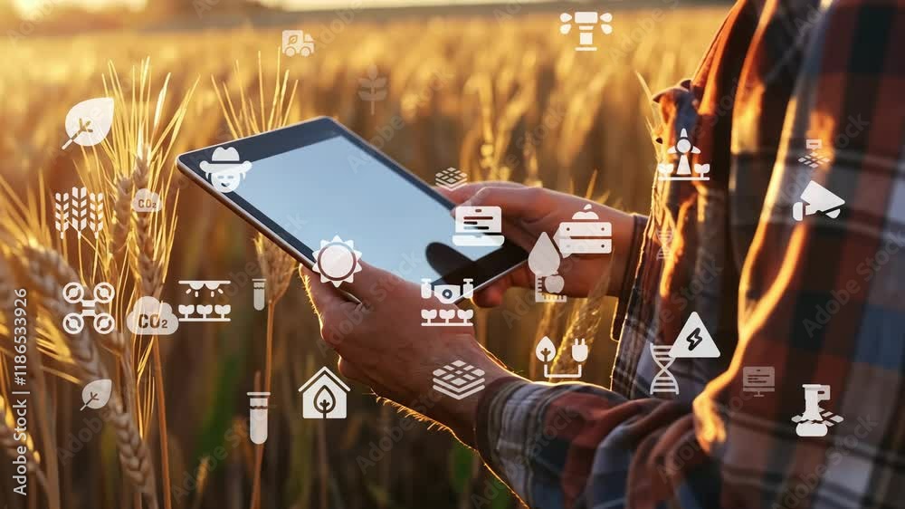 agriculture smart farming technology - industry 4.0.Concept of Harvesting and Planting with Technology and smart farming.