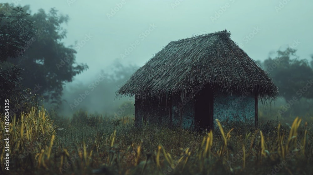 Abandoned thatched hut in foggy landscape surrounded by overgrown grass and trees creating a sense of solitude and tranquility. Abandoned thatched hut in foggy landscape surrounded by overgrown grass and trees creating a sense of solitude and tranquility.