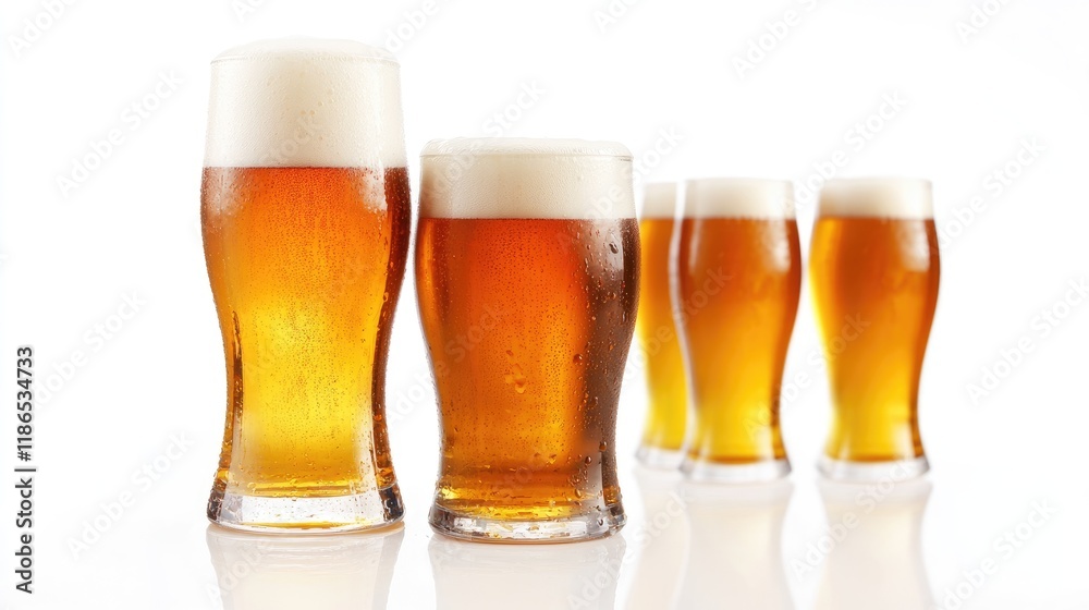 Six pack of beer with frothy glass arranged in a horizontal layout isolated on white background showcasing refreshing amber liquid and foam Six pack of beer with frothy glass arranged in a horizontal layout isolated on white background showcasing refreshing amber liquid and foam