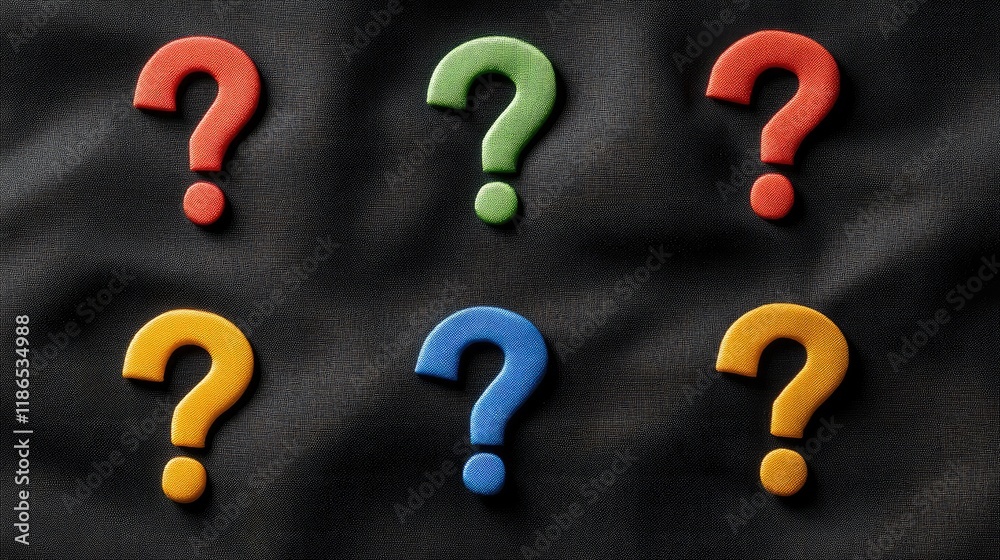 Colorful question marks on a black fabric background representing curiosity and inquiry in a creative design concept. Colorful question marks on a black fabric background representing curiosity and inquiry in a creative design concept.