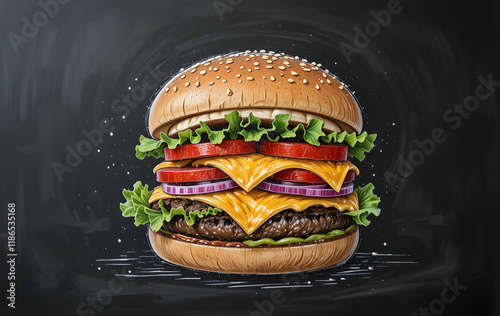 Illustration appetizing cheeseburger featuring fresh lettuce, tomatoes, onions, and melted cheese on a sesame seed bun drawn on a black board with crayons 
