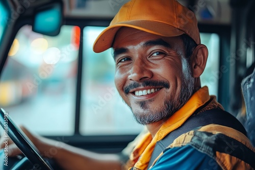 Happy bus driver inside bus looking at camera. Generative AI