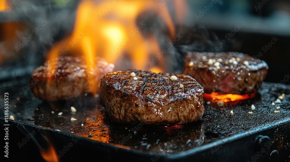 Grilled steaks searing on a hot griddle with flames and smoke creating a mouthwatering culinary experience Grilled steaks searing on a hot griddle with flames and smoke creating a mouthwatering culinary experience