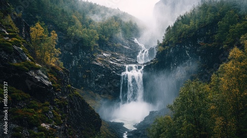 Steinsdalsfossen Waterfall Cascading Through Lush Greenery in Misty Mountain Landscape photo