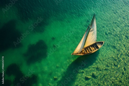 Traditional dhow sailing boat floating on crystal clear turquoise water in zanzibar, tanzania