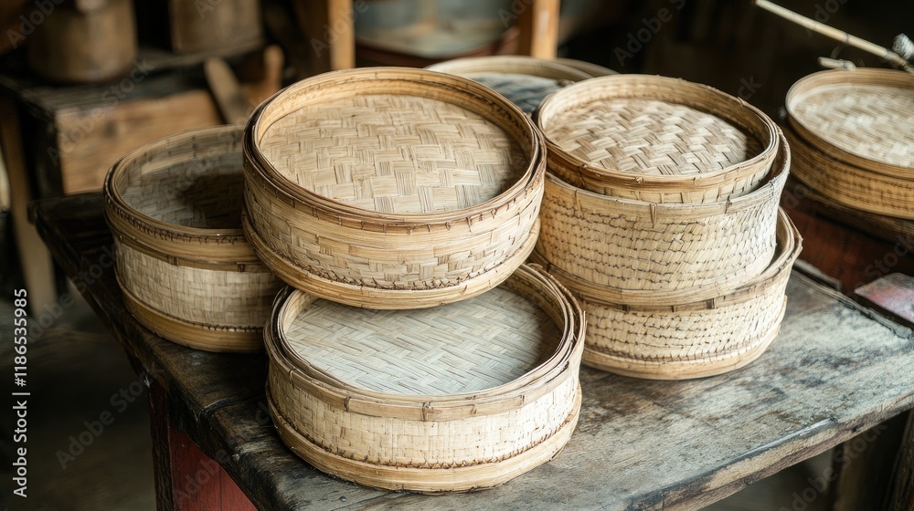 Bamboo wicker baskets for steaming sticky rice in traditional Asian kitchen setting Bamboo wicker baskets for steaming sticky rice in traditional Asian kitchen setting
