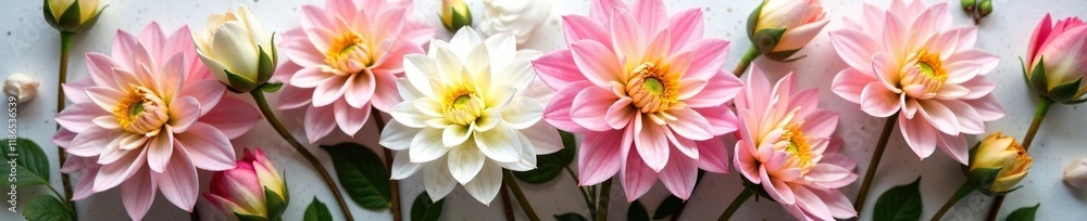 Fototapeta premium Dahlias in soft pastel hues, tied with twine and greenery, flowers, tie