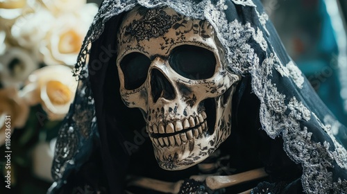 Skeleton Adorned in Traditional Mantilla Dress for Holy Week Celebrations with Floral Background