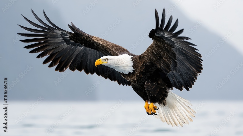 Fototapeta premium Majestic Steller's sea eagle soaring gracefully over a tranquil coastal landscape showcasing its striking plumage and powerful wingspan