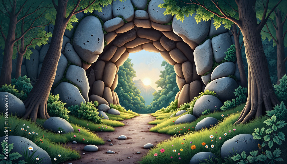 Fototapeta premium Mysterious cave entrance framed by lush forest at dawn, nature's wonder