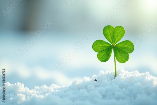 Emerald green five-leaf clover sprouting from a snowy white base, winter, white