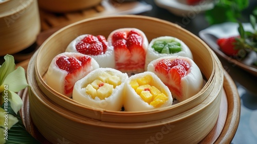 assorted steamed sliced breads with colorful fillings including strawberry pandan cream and tropical fruit flavors in a bamboo steamer photo