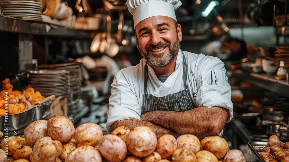 Chef smiling with potatoes in a busy kitchen. Chef smiling with potatoes in a busy kitchen.