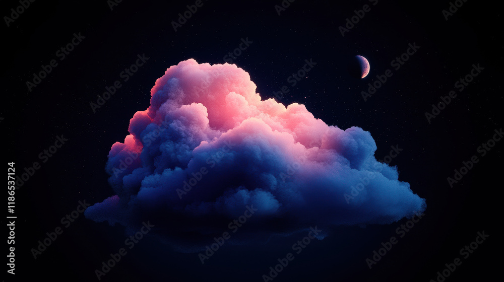 Naklejka premium Nighttime Dreamscape: A solitary, luminous cloud in the night sky glows with an ethereal light, casting an otherworldly ambiance as the crescent moon peeks through the darkness.