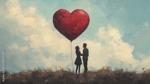 Retro illustration of happy couple silhouette in love with red heart shape ballon in the blue sky on background