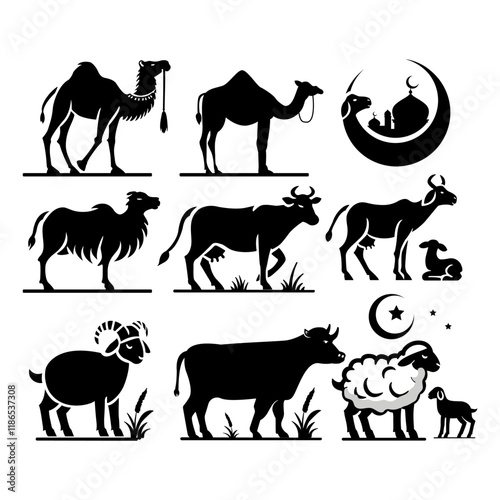 Illustration of sacrificial animals camel, cow, goat for Islamic Qurban Eid al-Adha collection set