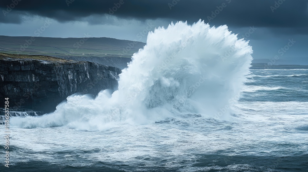 Fototapeta premium Dramatic Ocean Waves Crashing Against Rocky Shore Under Dark Stormy Clouds