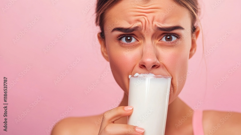 A woman holds a glass of milk in front of her face, concealing her identity A woman holds a glass of milk in front of her face, concealing her identity
