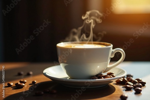 Fragrant coffee aromas waft upwards from a steaming cup, texture, steam, warmth
