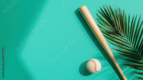Wooden Baseball Bat and Ball with Green Background and Palm Leaf
