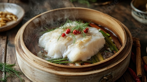Steamed fish fillet with fresh herbs and vegetables served in a bamboo steamer on a rustic wooden table