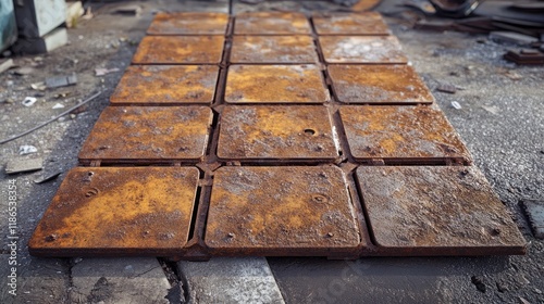 Rusty steel pavement plates arranged on a weathered surface showcasing industrial decay and texture. photo