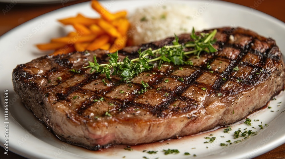 Grilled steak served with garnishes including herbs, sweet potato fries, and rice on a white plate for appetizing presentation Grilled steak served with garnishes including herbs, sweet potato fries, and rice on a white plate for appetizing presentation