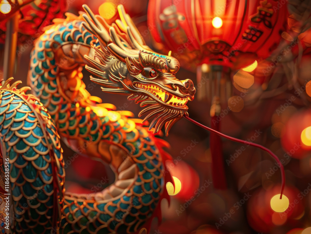 Naklejka premium Chinese New Year snake crafts, detailed close-up of traditional Chinese decorations, intricate patterns, rich textures, warm golden lighting